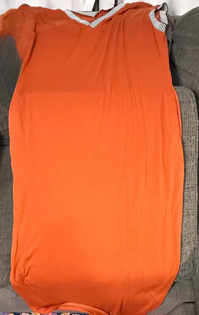 Mero Women's Orange Casual T-Shirt Dress with Striped Neckline and Pockets